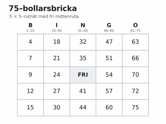 Exempel som visar hur en bingobricka i 75-bollarsbingo kan vara utformad