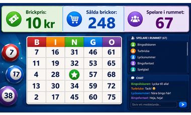 Ett bingorum online där man kan se information om brickpris, antalet spelare och antalet sålda brickor.