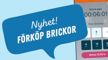 Informationsbild om Miljonlotteriets nya förköp av bingobrickor, med texten "Nyhet! Förköp brickor" framför en vy av bingorummet.