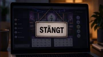 Laptop som visar ett bingorum online på skärmen och en stor skylt med texten "Stängt".