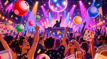 Tecknad bild av ett partybingo med bingobrickor, färgglada bingobollar, DJ, konfetti och dansande publik.