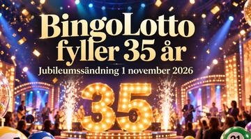 Festlig illustration av BingoLottos 35-årsjubileum med konfetti. I bakgrunden syns en upplyst scen med siffran 35 och text om jubileumssändningen den 1 november 2026.