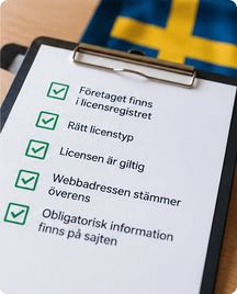 Checklista med fem kontrollpunkter för att undersöka om en bingosajt har svensk spellicens.