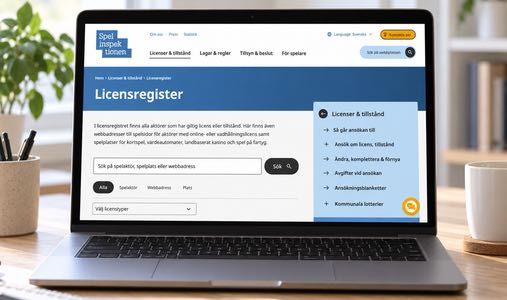 Illustration av en sökning i ett licensregister med företagsnamn, licenstyp och registrerade webbadresser.